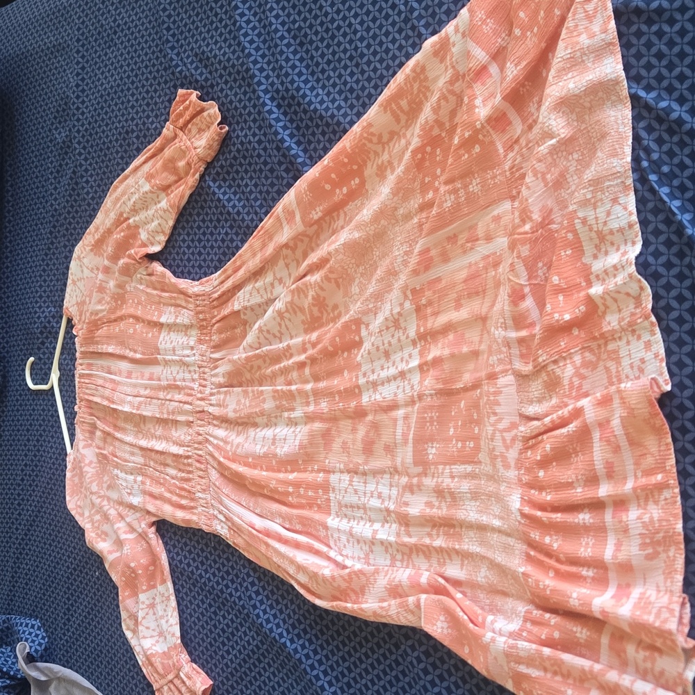 Orange and White Scoop Neck Sundress with Bishop Sleeves Great Condition